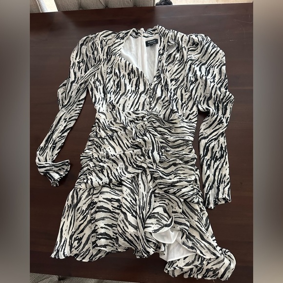 BARDOT Eileen Black and White Zebra Print Ruched Long Sleeve Mini Dress (D9) - Picture 7 of 9